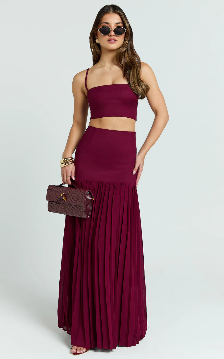 Rowan Two Piece Set - Square Neck Crop Top and High Waist Pleated Skirt Set in Wine | Showpo (US, UK & Europe)
