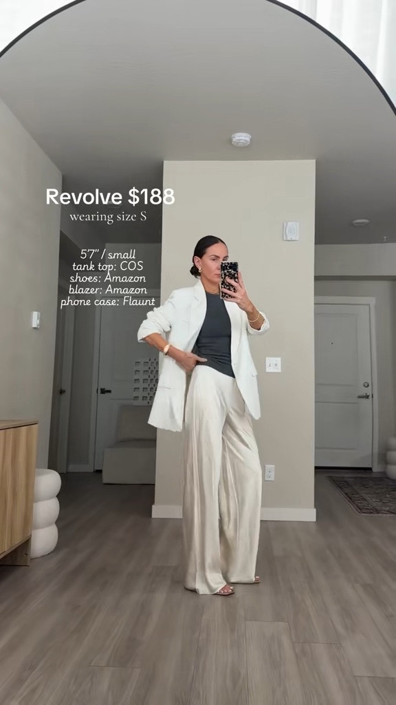 White blazer, satin pants, grey tank top.  Linked exact 

Satin pants.  Ivory white and navy blue. The pants each come in multiple color ways wearing size small in all.  I’m 5’7 .