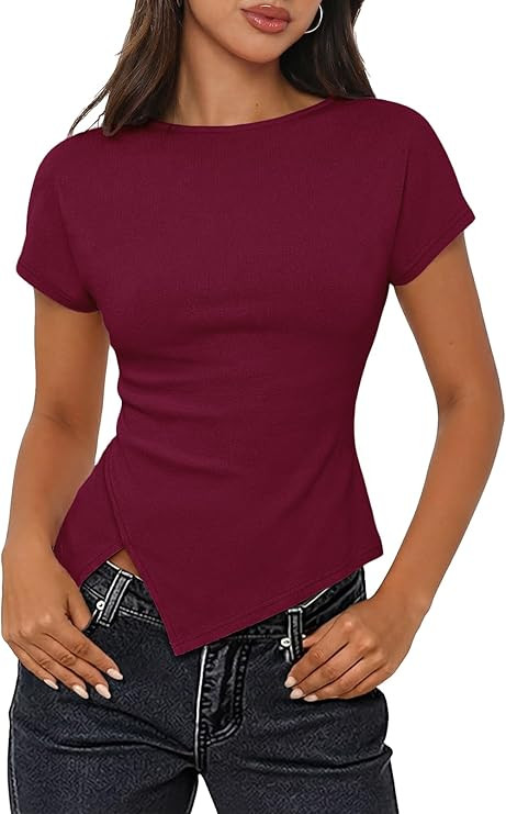 MEROKEETY Women's Summer Boat Neck Basic Tops 2026 Short Sleeve Ruched Slim Fit Going Out T-Shirt... | Amazon (US)