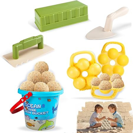 Beach Toys, 6 Piece Kids Indoor Outdoor Play Set with Bucket, Brick Mold, Sandball Maker, Beach C... | Amazon (US)