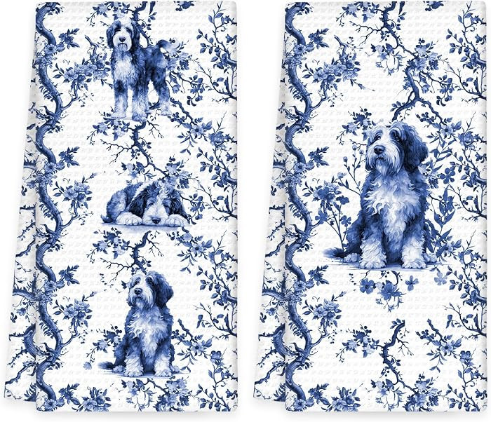 Chinoiserie Bernedoodle Dog Kitchen Towels Set of 2, Blue Dogs Hand Towels, Bernedoodle Gifts for... | Amazon (US)