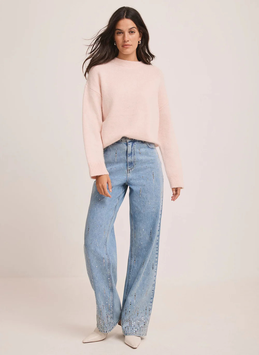 Indigo Cotton Embellished Wide Jeans | Mint Velvet
