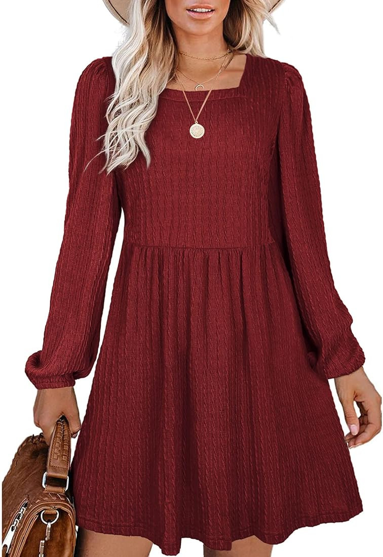 WEESO Womens Knit Dress Square Neck Long Sleeve Tunic Dresses | Amazon (US)