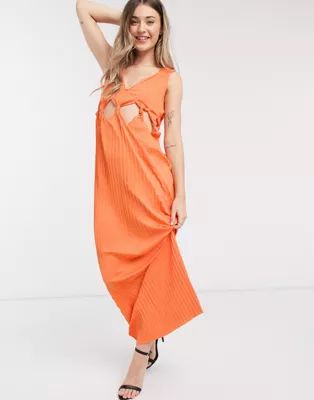 ASOS DESIGN knot waist plunge pleated maxi dress in orange | ASOS (Global)