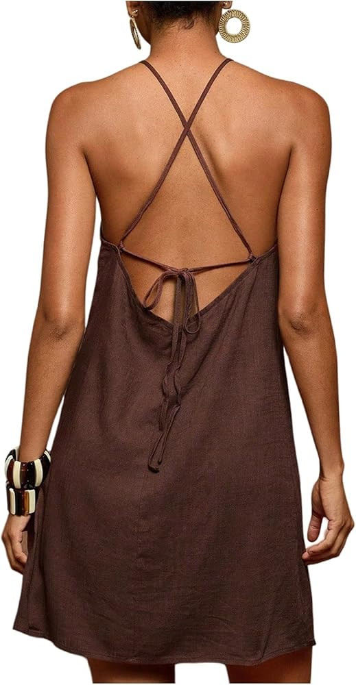 Women's Boho Tropical Tie Backless Halter Dresses Sleeveless Vacation Beach Short Dress | Amazon (US)