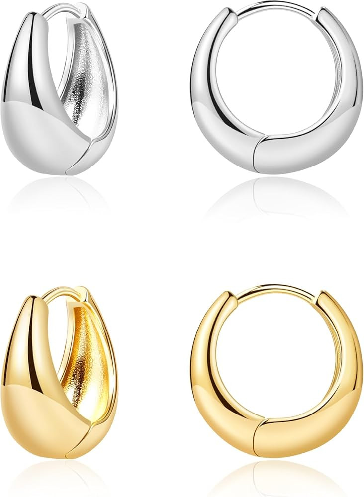 Gold Hoop Earrings for Women 2 Pairs Chunky Gold Hoop Earrings Small Huggie Hoop Earrings Set for... | Amazon (US)