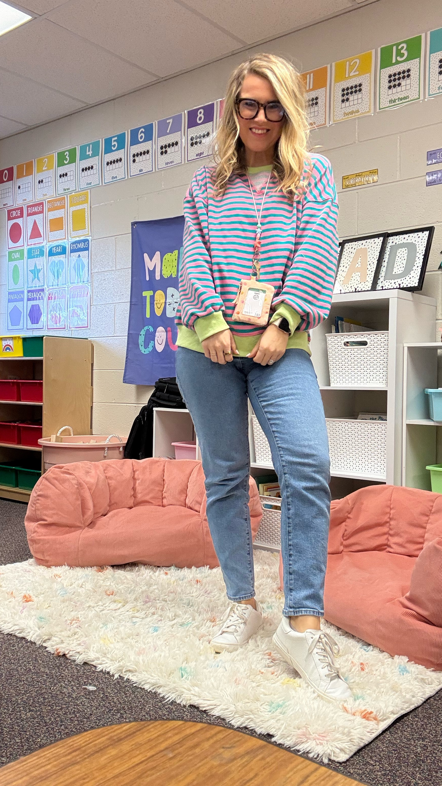 Keeping it comfy, colorful, and classroom-ready! + Stripes, sneakers, and a sprinkle of fun to make today
count一 plus these blue light glasses are saving me from the fluorescent light struggle! 

#teacherootd #comfyandcute #maketodaycount #teacher #teacherstyle #teacherout #teacheroutfits #teacheroutfitoftheday