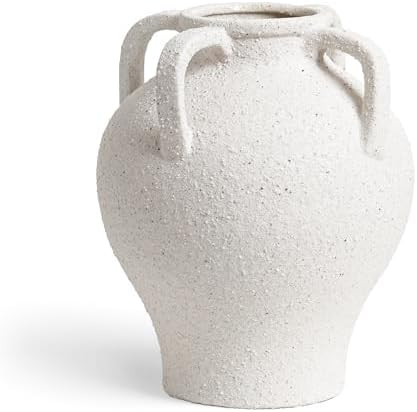 White Ceramic Vase - 8.8 Inch Rustic Farmhouse Centerpieces with Handles for Home Decor, Decorati... | Amazon (US)