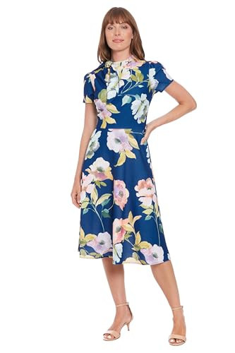 London Times Women's Dresses Womens Elegant Mock Neck Cap Sleeve Midi A-Line - Special Occasion Tea Length - Wedding Guest Dress, Navy/Peri, 10 | Amazon (US)