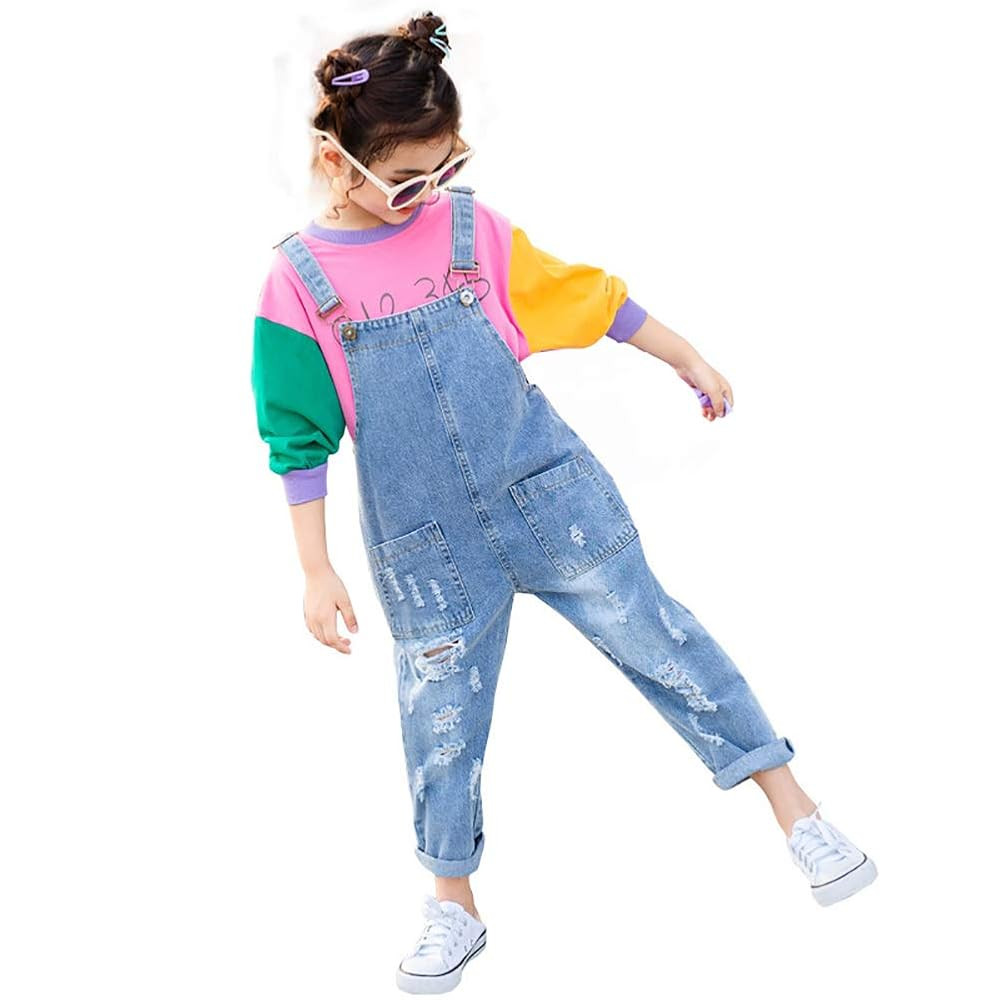 Yao 3-14Years Girls Jumpsuit&Rompers Big Kid Bib Overalls Blue Adjustable Belts Denim Color chang... | Amazon (US)