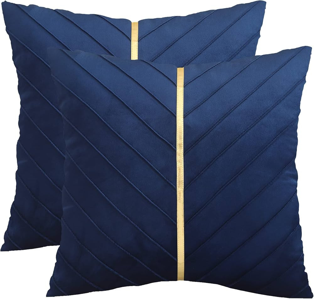 Tosleo Navy Blue Velvet Throw Pillow Covers 22x22 Pack of 2 with Gold Leather,Decorative Couch Pi... | Amazon (US)