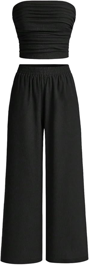 WDIRARA Women's 2 Piece Set Ruched Strapless Tube Top Wide Leg Pants Outfits | Amazon (US)