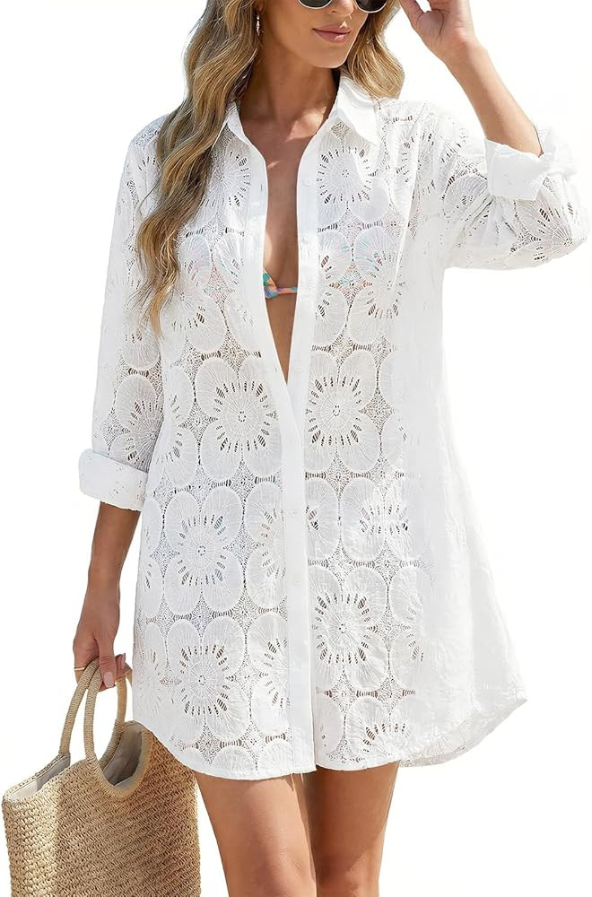 CiCiBird Women Swimsuit Coverup Blouse Eyelet Bathing Suit Cover Up Button Down Shirtdress Long S... | Amazon (US)