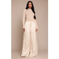 Cream Satin Pleated Wide Leg Trousers | PrettyLittleThing US