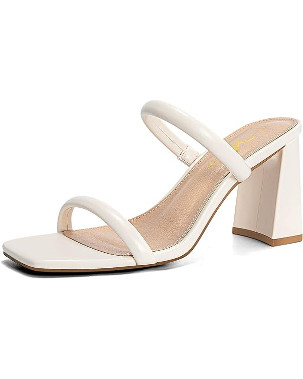 Athlefit Women's Square Open Toe Two Strap Heeled Sandals Slip On Block Chunky Heels Sandals | Amazon (US)