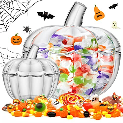 Tessco 2 Pcs 70oz Glass Pumpkin Candy Jar with Lid Halloween Pumpkin Jars Candy Bowl Glass Candy Dish with Cover for Thanksgiving Day Home Decoration(Large, Small,Clear) | Amazon (US)