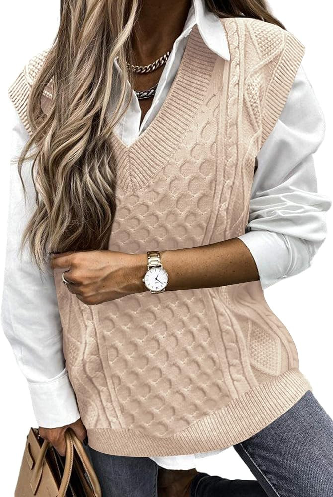 NENONA Women's V Neck Cable Knit Cropped Sweater Vest Preppy Style Oversized Sleeveless Argyle Kn... | Amazon (US)