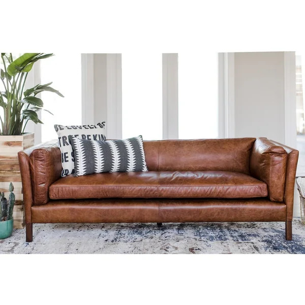 Modern Leather Sofa - Mid Century Modern Couch - Top Grain Brazilian Leather - Cognac Brown | Bed Bath & Beyond