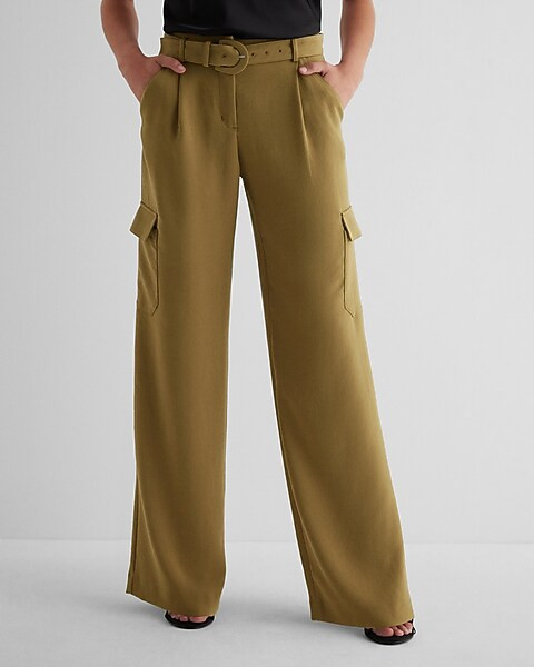 High Waisted Pleated Belted Utility Trouser Pant | Express