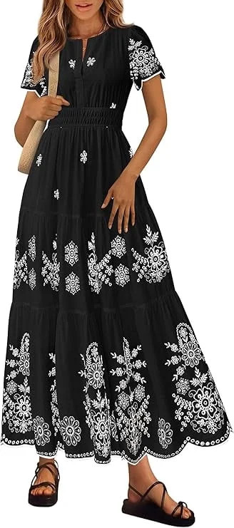 PRETTYGARDEN Boho Dresses for Women Summer Spring Casual Floral Short Sleeve V Neck Maxi Elastic ... | Walmart (US)