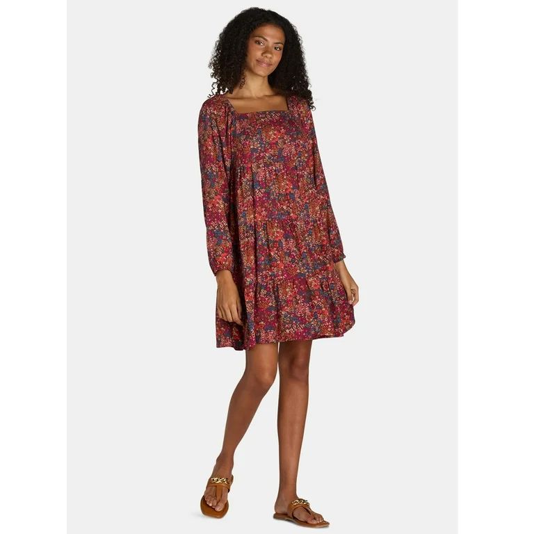 Time and Tru Women's Square Neck Mini Dress with Long Sleeves, Sizes XS-XXXL | Walmart (US)