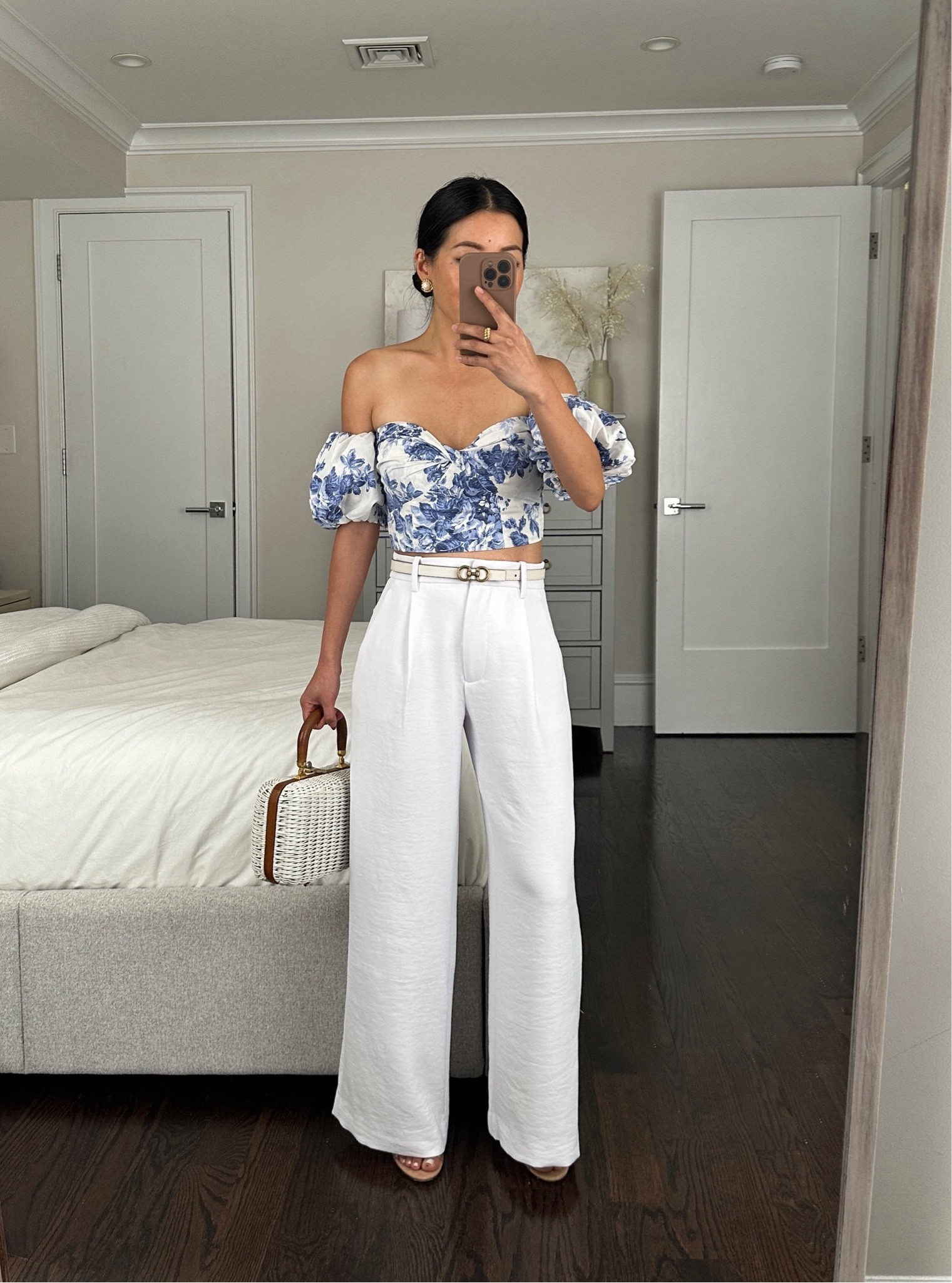 Petite friendly spring events / summer vacation outfit

• Edited pieces belt xxs (edited pieces.com)

• Poplin off the shoulder top in blue floral xxs - smocked back, cropped length and bustier style top. So cute!! Pair with high rise jeans, linen pants, shorts, solid white cotton skirt or the matching floral skirt 

• AF Harper white crepe pants 23 short - these run big so I sized down one (I’m usually a 24 short). 

Length is nice for petites and I can wear with low heels. Fabric feels substantial and drapes. 

• Schultz clear slides 5 

• Vintage wicker bag 

#petite spring summer outfits

#LTKtravel #LTKSeasonal