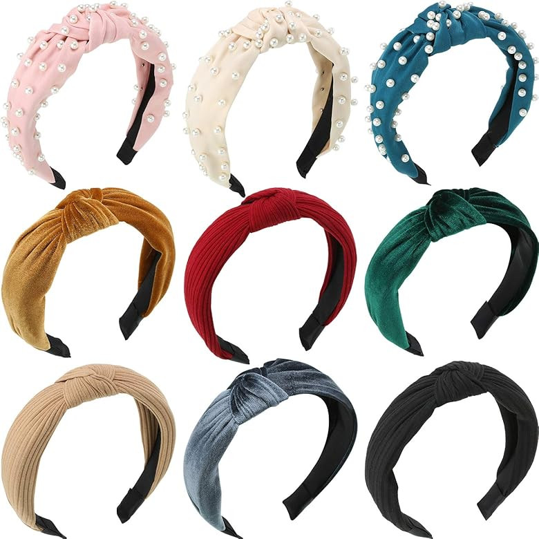 9 Pieces Knot Headband Pearls Knoted Headbands Velvet Knot Head Band Wide Hair Accessories Vintag... | Amazon (US)