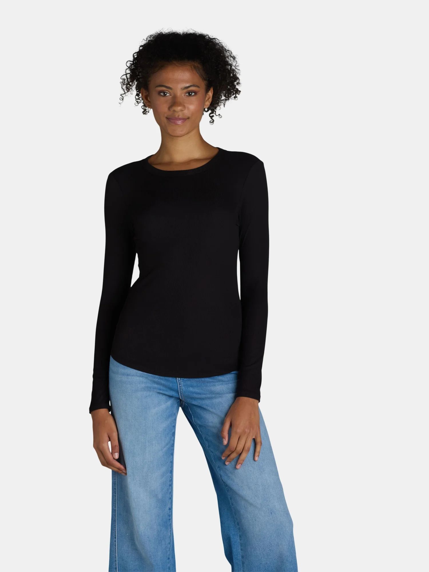 No Boundaries Ribbed Crewneck Tee with Long Sleeves, Women's and Women's Plus | Walmart (US)