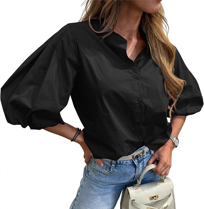Tankaneo Womens Half Puff Sleeve Button Down Shirts Cotton Loose Fit Tops Summer Dressy Casual Bl... | Amazon (US)