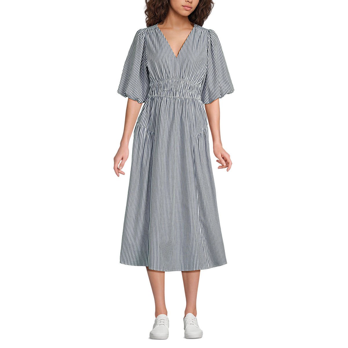 Women's Puff Sleeve Smocked Waist V Neck Dress | Lands' End (US)