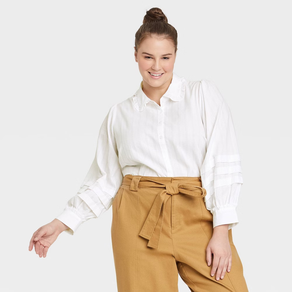Women's Plus Size Bishop Long Sleeve Button-Down Shirt - Who What Wear White 3X | Target