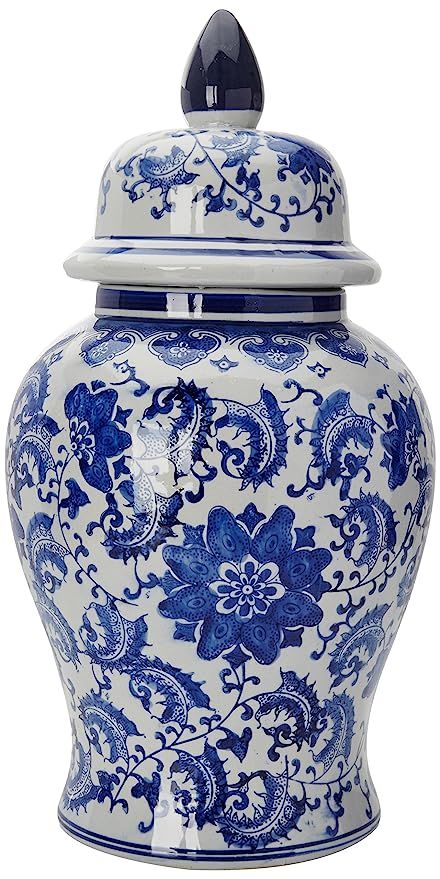 Oriental Furniture 18" Floral Blue & White Porcelain Temple Jar | Amazon (US)