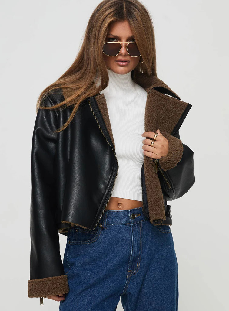 Shearling Trim Faux Leather Jacket Black | Princess Polly US
