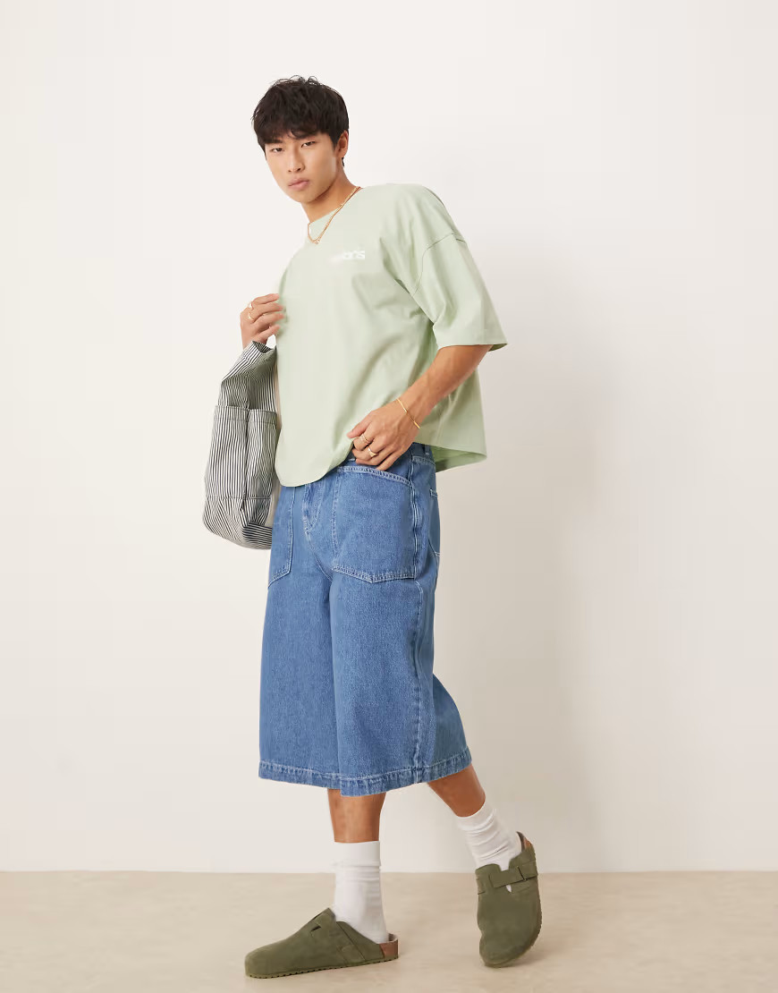 ASOS DESIGN oversized denim jorts in mid wash-Blue | ASOS (Global)
