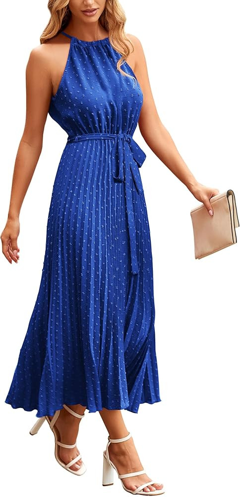 PRETTYGARDEN Womens Long Sleeveless Halter Neck Swiss Dot Pleated Beach Maxi Sun Dresses | Amazon (US)