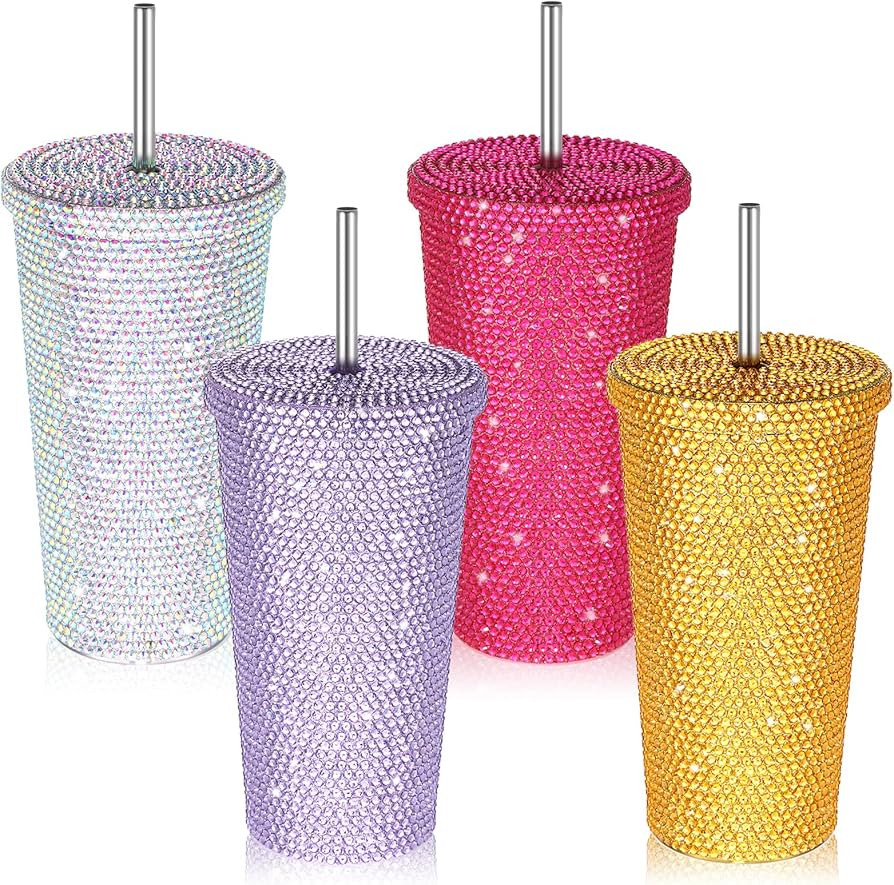 4 Pack Studded Bling Diamond Tumbler 17 oz Glitter Stainless Steel Tumbler with Lid and Straw Gli... | Amazon (US)