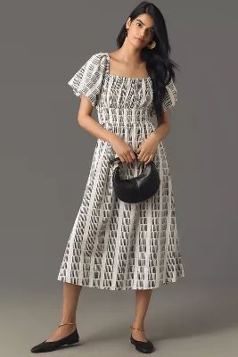 Maeve Puff-Sleeve Square-Neck Smocked Midi Dress | Anthropologie (US)