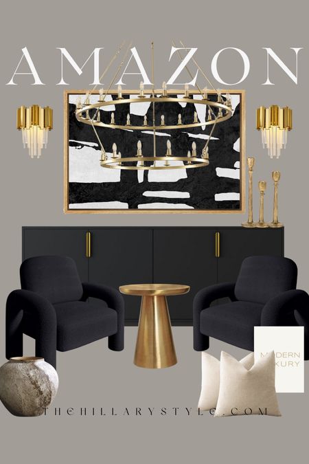 AMAZON Modern Home: Black accent cabinet, accent chair, gold accent table, wall sconce, gold chandelier, wall art, coffee, table books, candlestick holder, ceramic vase, throw pillows.

#LTKstyletip #LTKhome #LTKSeasonal