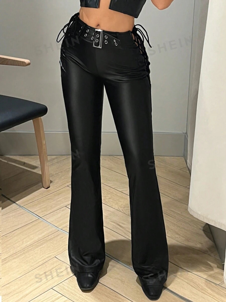 SHEIN ICON Low Rise Flared Pu Leather Trousers | SHEIN