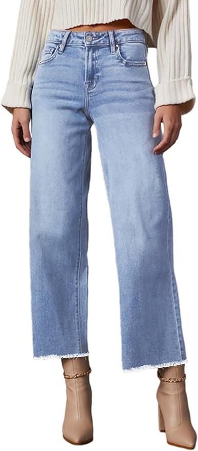 Wide Leg Jeans for Women High Waisted Stretchy Cropped Denime Pants Straight Leg Flare Baggy Jean... | Amazon (US)