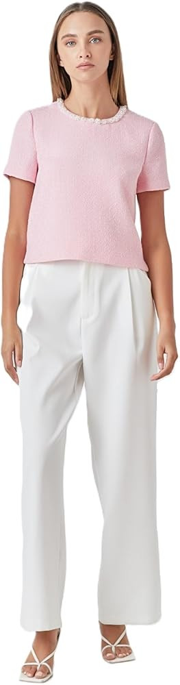 endless rose Women's Pearl Trim Linen Top, Pink, S | Amazon (US)