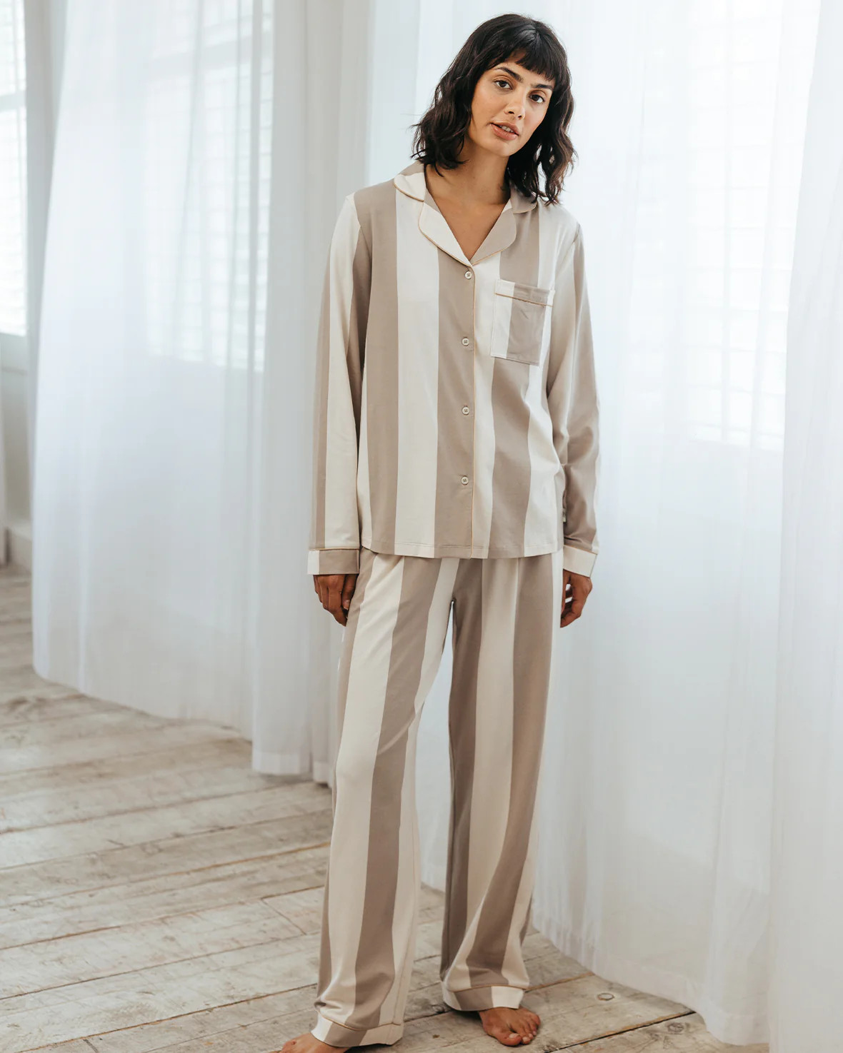 Tall Organic Cotton Stripe Long Pyjama Set - Taupe | Chelsea Peers NYC