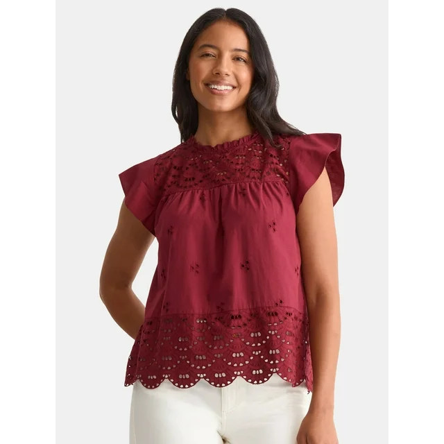Time and Tru Women's Eyelet Top with Flutter Sleeves, Sizes XS-XXXL | Walmart (US)