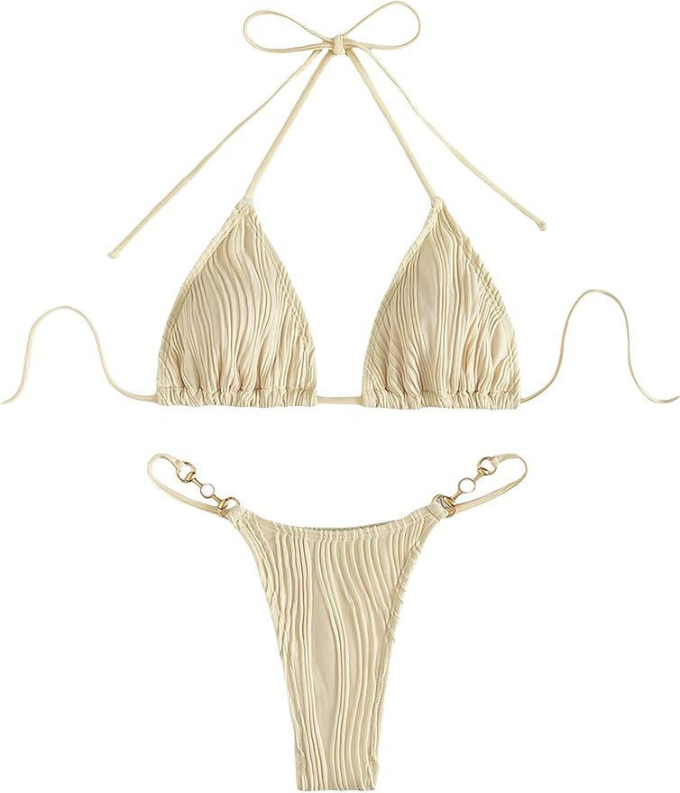 GORGLITTER Women's High Cut Thong Bikini Set Ribbed Textured Triangle Swimsuit Faux Pearls Tie Si... | Amazon (US)