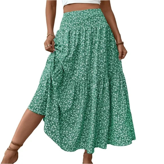 Evdexr Women Floral Maxi Skirt Smocked High Waist Cotton Flowy Long Skirts Summer Boho Beach Hawa... | Walmart (US)