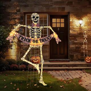 86.25 in. H Lighted Halloween 2D Pink Skeleton Plug in Outdoor Decor with 220 Warm White LED Ligh... | The Home Depot