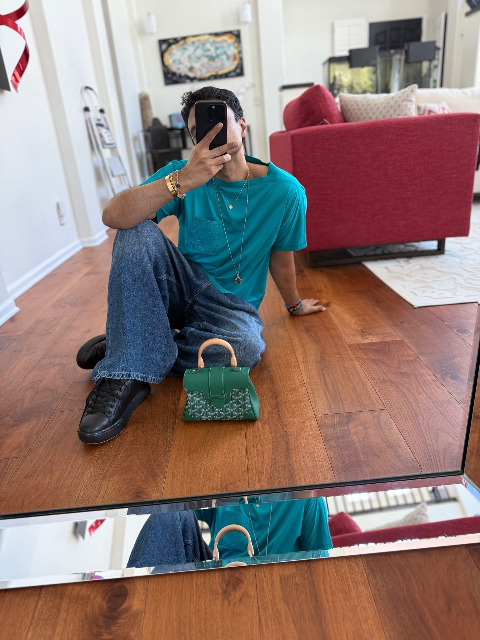Hi
.
.
.
.
.
.
.
.
.
.
 #ootd #mensstyle #mensfashion #fitcheck #fit
Shoes: @bottegavenetaworld 
Shirt: @hermes 
Jeans: I don’t remember 
Bag: @goyardofficial 
Jewlery: @cartier @vancleefarpels

#LTKootd #LTKdayinmylife #LTKselfcare