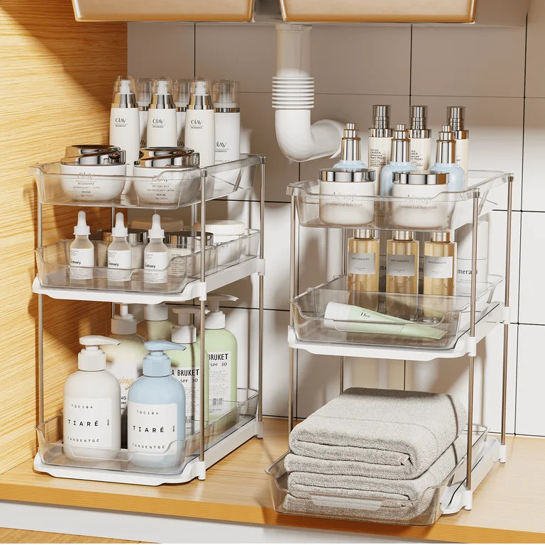 Delamu Stackable 3 Tiers Bathroom Under Sink Organizer, Clear, 2 Count | Walmart (US)