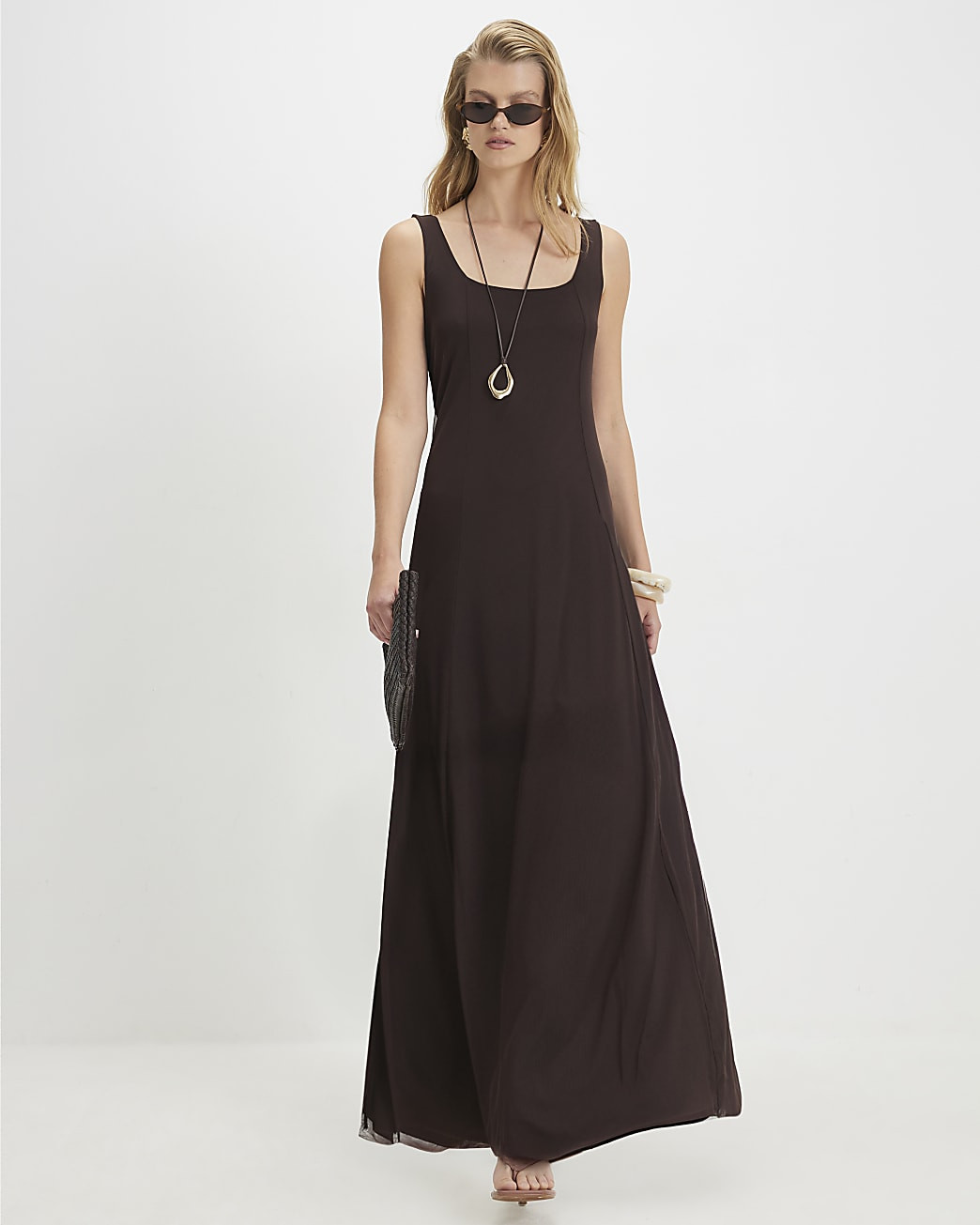 Brown Sleeveless Mesh Maxi Dress | River Island UK & IE