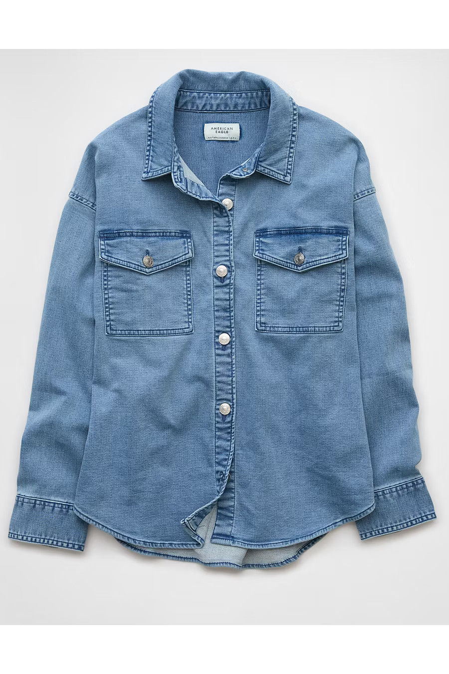 AE Dreamy Drape Cozy Long-Sleeve Button-Up Denim Shirt Women's Medium Wash XXS | American Eagle Outfitters (US & CA)